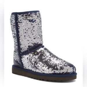 Ugg Short Stellar Sequin Boots Silver Red Blue Shearling Size 6 Special Edition